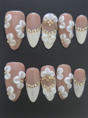 Hand Crafted Blush Nude & White Floral Press-On Nails with Gold Rhinestones